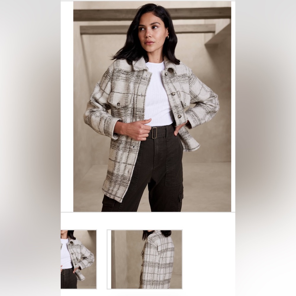 Banana Republic Factory Plaid Teddy Jacket in Cream and Gray
